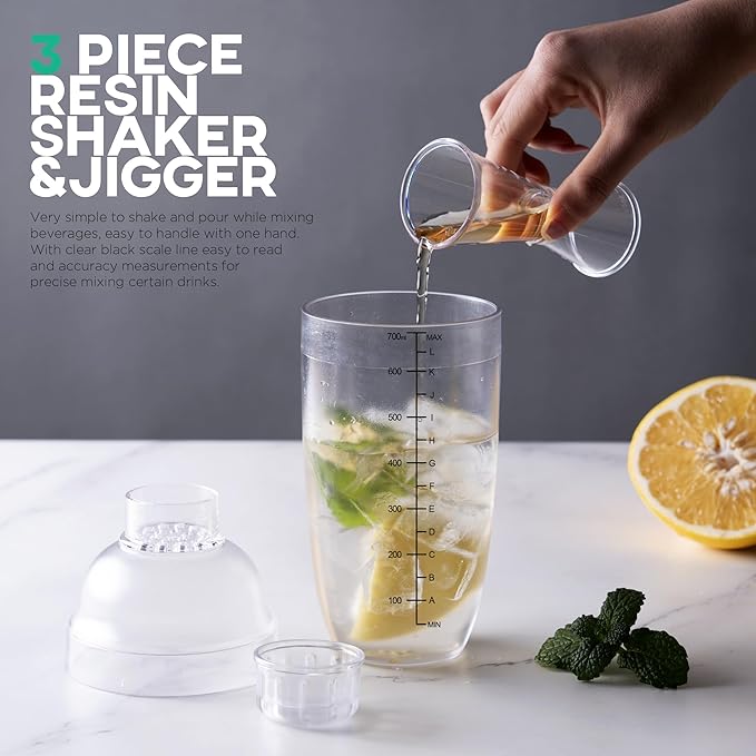 Homestia 2Pcs Plastic Cocktail Shaker with Jigger Set, Hand Shaker Mixer Cup with Scales, Transparent Bar Tool Sets With Double Measuring Jigger Set for Bartending Home Bar Party Use (24oz/700cc)