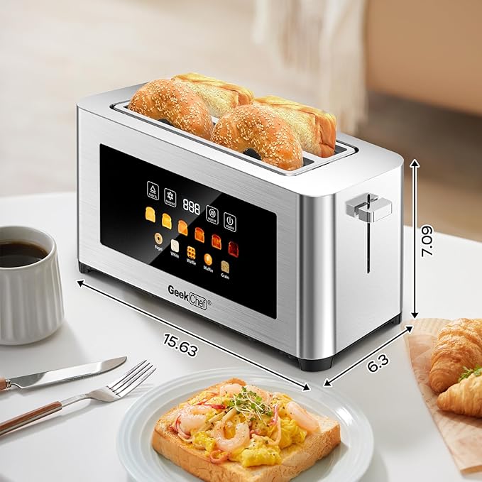 Geek Chef Toaster 4 Slice, 1.5" Touch Screen Extra Wide Slots for Bagels & Waffles, 6 Browning Levels, Timer, Reheat, Defrost, Cancel Function, Auto Shut-Off, Removable Crumb Tray, Stainless Steel