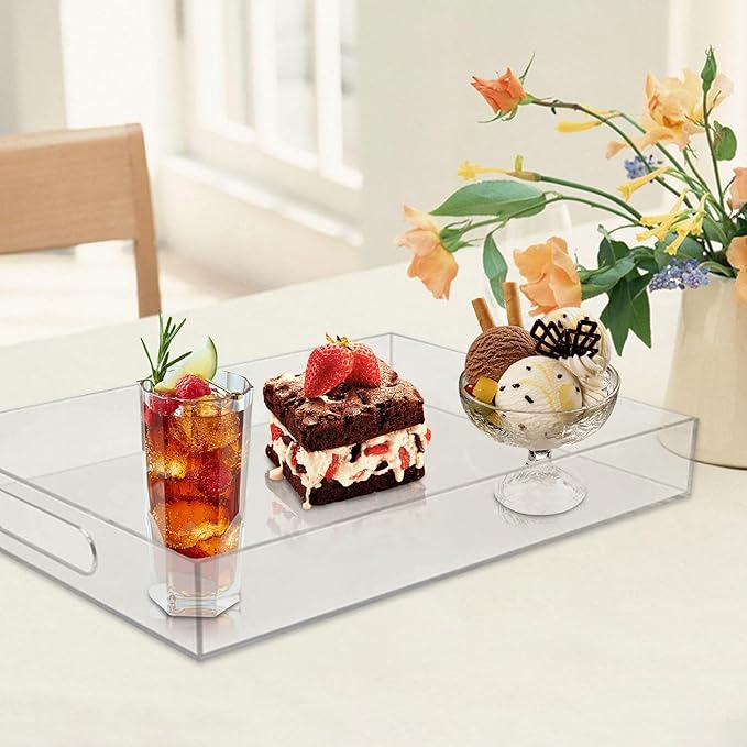 2 Pcs Clear Acrylic Serving Tray, 16" x 12",15.2" x 11.2" Plastic Tray with Handles Clear Decorative Lucite Tray for Food, Tea, Snacks, Kitchen, Fruit