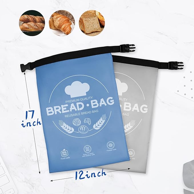 Bread Bags for Homemade with Beeswax Wrap - Zipper Reusable Bread Bag for Sourdough 2-Pack, Large Reusable Food Storage Bag to Keep Sourdough Fresh, Freezer-Safe, Eco-Friendly (Blue&Grey)
