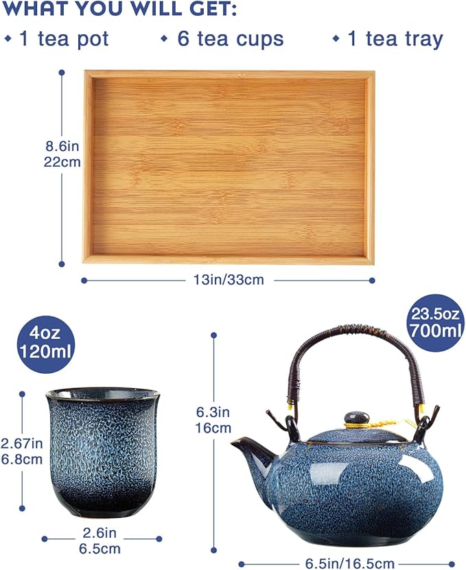 DUJUST Japanese Tea Set for 6, Kiln Altered Glaze Porcelain Tea Set with 1 Teapot, 6 Tea Cups & 1 Tea Tray, Unique Chinese Tea Sets for Adults/Tea Lovers/Women/Men, Blue