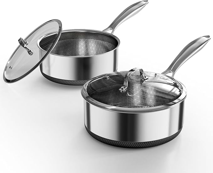 Sauce pan with Lid, KURRUNGIE 1.5 & 2.8 QT Hybrid Stainless Steel Cookware Set, PFOA Free 5-Ply Cooking Pots with Lids, Stainless Steel Pans for Cooking, Induction Cookware Oven and Dishwasher Safe