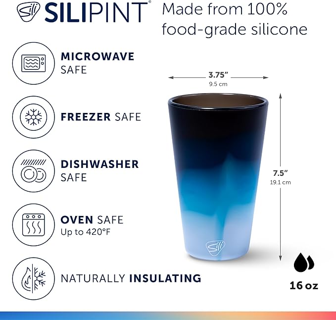 Silipint 16oz Silicone Pint Glass – Unbreakable BPA-Free Reusable Silicone Drinking Cup – Flexible Dishwasher Microwave & Freezer Safe – Stemless Glass for Water Coffee Smoothies, Pack of 4