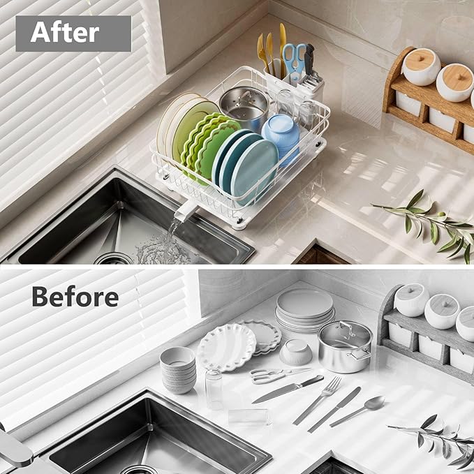 Iron Dish Drying Rack Auto Drain Dish Drainers Kitchen Counter Strainer with Draining Tray, All White