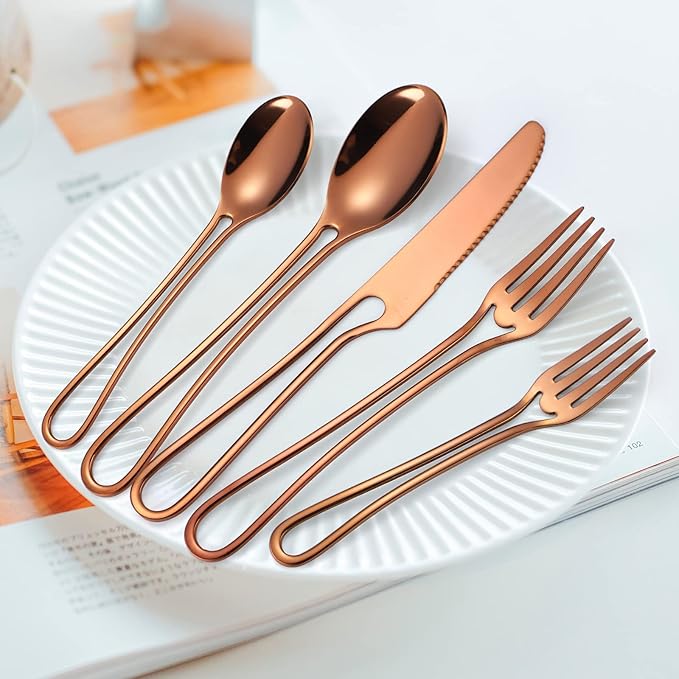 Flatware Set 4 Copper/Rose Gold Silverware Hollow Out Handles 20 Piece Stainless Steel Cutlery Modern Tableware Eating Utensils for Home Dinner Parties Wedding Festival Everyday Use