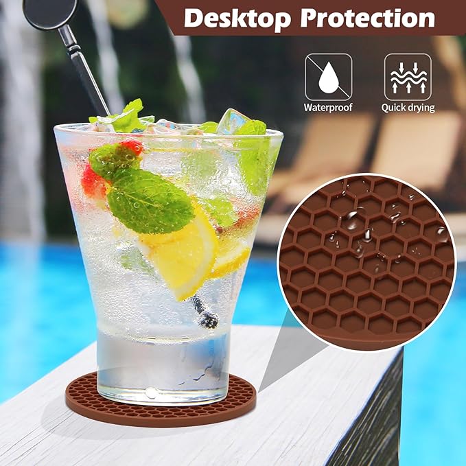 Silicone Coaster Set of 8 with Holder, Drinks Coasters, Beer & Coffee, Anti-Slip, Non-Stick, Anti-Overflow Tabletop Protection and Decor (8 Pcs, Brown)