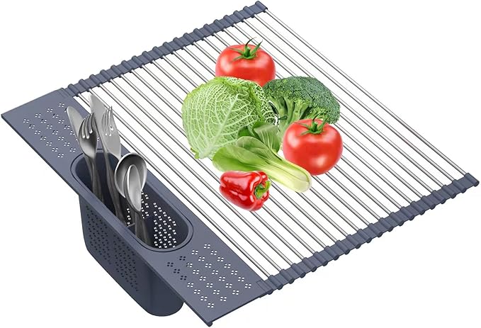 LEMIKKLE 20" x 15.2" Roll Up Dish Drying Rack Over The Sink Dish Drying Rack,Multi-Purpose Kitchen Rolling Dish Drainer Foldable SUS304 Stainless Steel Dish Drying Rack