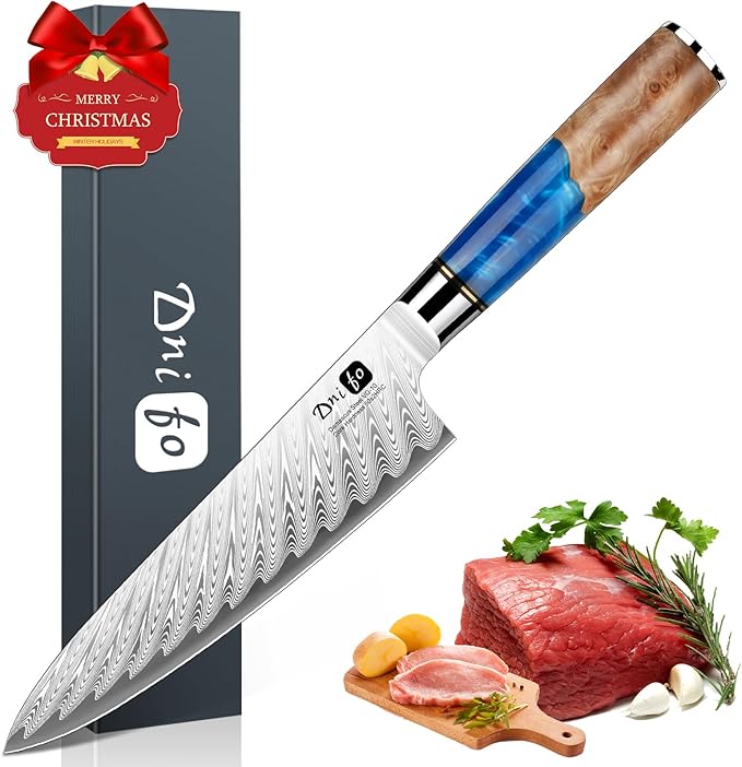 Chef Knife 8 Inch, Damascus VG-10 Steel Sharp Japanese Kitchen Knife with Gift Box and Resin Wood Handle, Ideal Birthday Gift for Men and Women