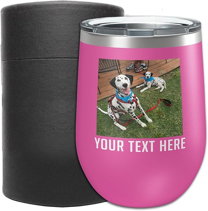 Personalized Mothers Day 12oz Photo Printed Insulated Stainless Steel Powder Coated Stemless Wine Tumbler with Lid, Customized Mum Gift Idea for Women Her, Custom Mom Coach Gifts Team (Pink)