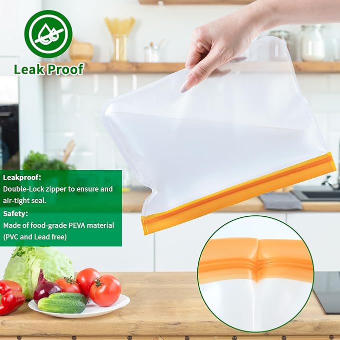 Reusable Freezer Bags 24 Pack Full Sizes Combo: 6 Snack, 6 Sandwich, 6 Quart, 6 Gallon | BPA Free, Dishwasher Safe & Leakproof | For Meal Prep, Lunch, Leftovers, Food Storage & Travel