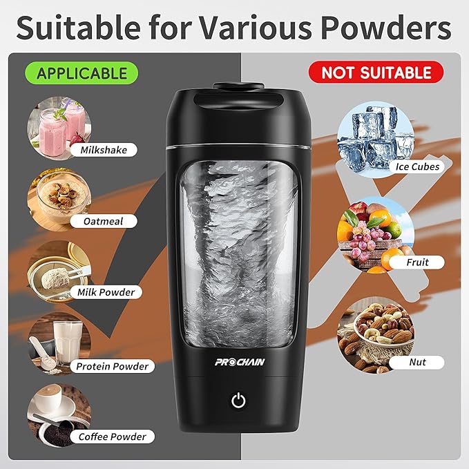PROCHAIN Electric Protein Shaker Bottle, USB Rechargeable Protein Shakes Mixer, with Powder Storge Cup, Portable Water Drink Bottles for Gym Sport Workout, BPA-Free Tritan, 22oz