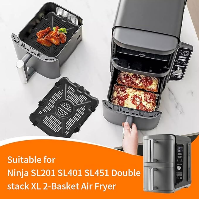 GWY Air Fryer Tray for Ninja SL201 SL401 SL451 Double Stack XL 2-Basket Air Fryer, 2 Packs Replacement Air Fryer Crisper Plate Grill Pan Grill Plate Accessories with Rubber Bumpers, Dishwasher Safe
