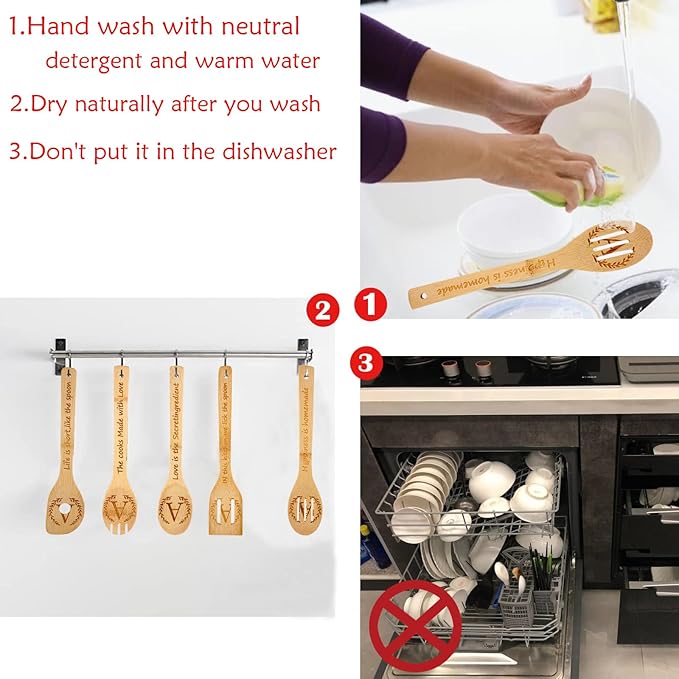 5PCS Initial Wooden Cooking Spoons Initial Gifts Kitchen Decor Personalized Customized Monogrammed Birthday Gifts for Women Mother,New Mom,Teacher,Wife,Daughter,Sister,Housewarming Wedding (Letter A)