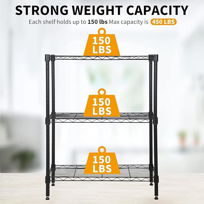 3 Tier Shelf Adjustable Wire Shelving Unit Metal Shelves with Leveling Feet Storage Rack for Kitchen Bathroom Utility Shelf Space Saving, 450lbs Capacity, 13"x23"x30"H, Black