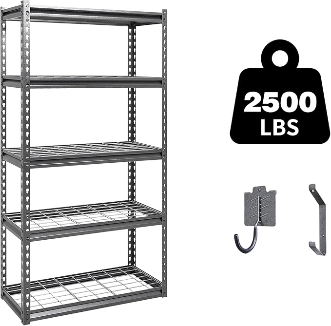 The Atlas 30" W x 12" D x 60" H Adjustable Garage Storage Shelves Load 2500 lbs, 5 Tier Heavy Duty Shelving Unit, Metal Utility Storage Rack for Warehouse Pantry Basement Kitchen, Dark Grey