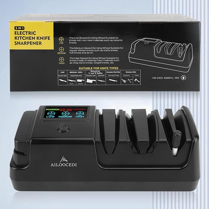Electric Knife Sharpener with LCD Screen, 3-Stage Speed Adjustable Knife Sharpener for All Kitchen Knives Quick Sharpening (Black)