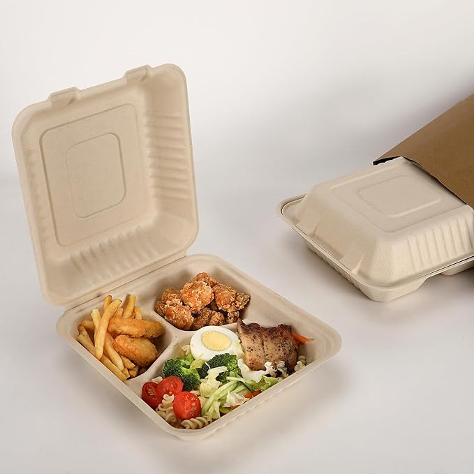 Aricsen 100 Pack 3 Compartment Compostable 8x9 Inch Takeout Lunch Box Containers with Lid To Go Take Out Clamshell for Food, Disposable Eco-Friendly Biodegradable Bagasse, PFAS-Free, Brown
