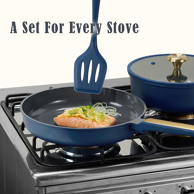 CAROTE 9.5'' and 11'' Nonstick Ceramic Frying Pan Skillet, Non Stick Skillet with Heat Resistant Handle, Healthy & PFOA/PFAS Free, Induction-Compatible,Dishwasher Safe & Includes Silicone spatula,Blue