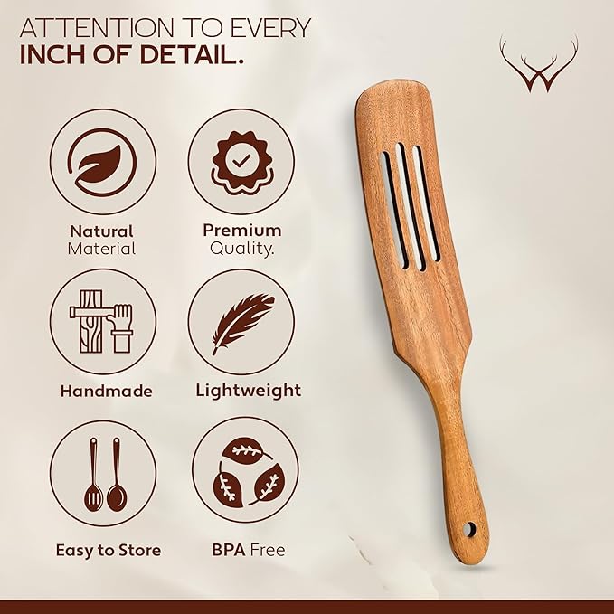 Wooden Spurtle Set for Cooking - Handmade Premium Turner, Nonstick Wooden Spoons for Cooking Flat Frying Utensils with Right Long Handle (7PC Spatula Set)