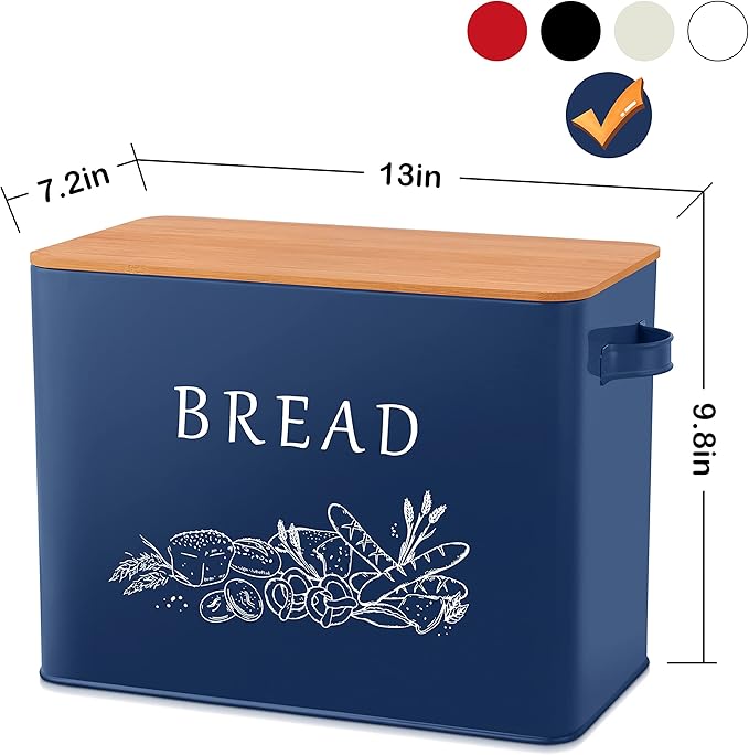 E-far Bread Box for Kitchen Countertop, Metal Bread Storage Container Bin with Bamboo Lid for Cutting Bread, Extra Large & Farmhouse Style, 13” x 7.2” x9.8”, Navy Blue