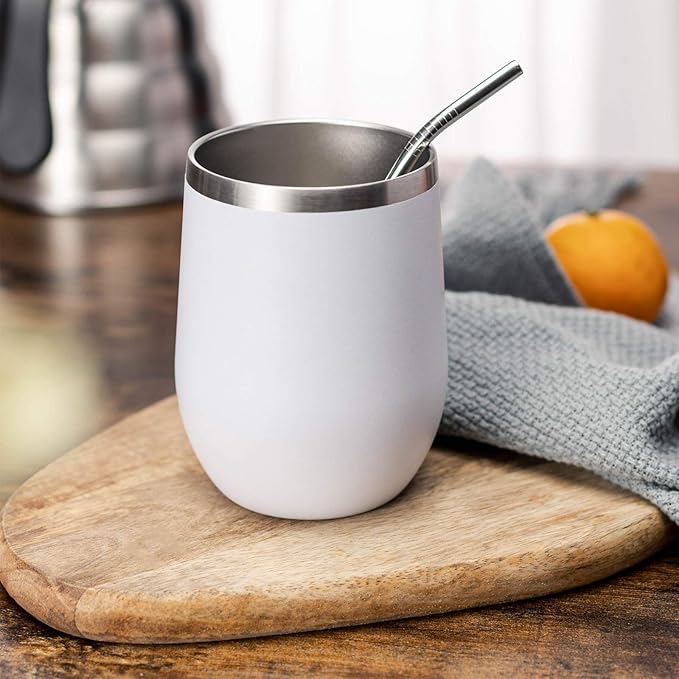 COMOOO 12oz Stainless Steel Wine Tumbler with Lid and Straw, Double Wall Vacuum Insulated Travel Tumbler Cup Stemless for Hot and Cold Drinks, Coffee, Wine, Cocktails, White