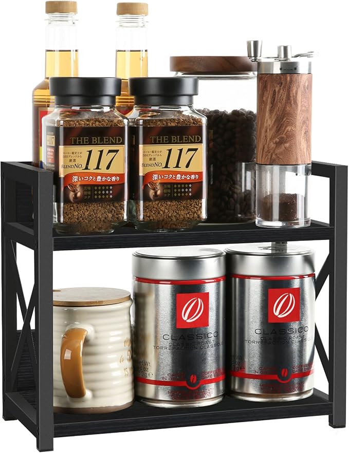 YINMIT Countertop Shelf Organizer,Coffee Bar Accessories,Spice Rack,Coffee Counter Shelf,2 Tier Coffee Organizer Station for Mugs,Cups,Cream,Syrup (Black, Small)
