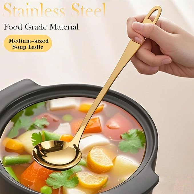 Soup Ladle, 2Pcs Stainless Steel Ladle spoon, 12.2Inch Metal Long Handle Serving Spoon for Cooking Buffet, Party, Kitchen, Gold