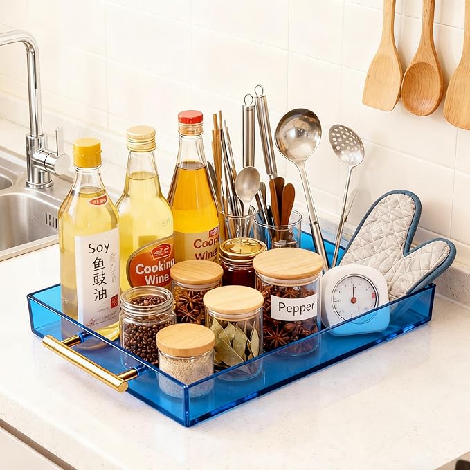 Acrylic Serving Tray with Handles Large Ottoman Food Decorative Tray for Coffee Table Tea Fruit Snack Kitchen Bar Platter, 17x13’’, Sky Blue