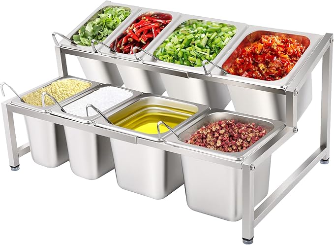 2 Tier Expandable Spice Rack, 8 Pans Commercial Seasoning Organizer Shelf with Spoons & Lids, Adjustable Stainless Steel Countertop Inclined Holder for Kitchen, Restaurant