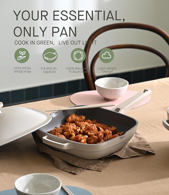 10.5 Inch(3.8QT) Ceramic Pan with Lid,Non Stick Frying Pans Cast Aluminum Deep Sauté Pans,Ti-Ceramic Non Toxic Pix Pan with Wooden Spatula and Scrubber-Morning Mist