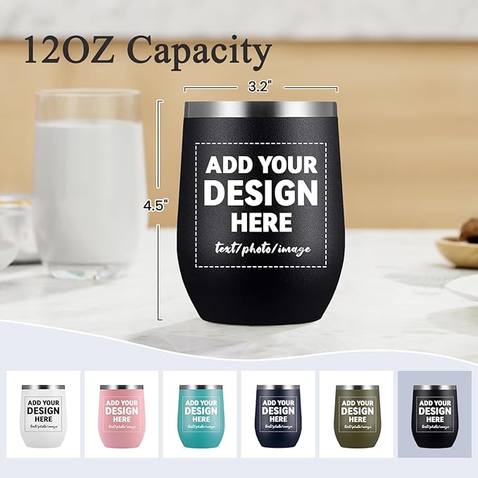 MEWAY Personalized Custom 12oz Wine Tumbler with Lid, Insulated Double Wall Vacuum Travel Tumbler Gifts with Text Photo Logo (Black, 1pack)