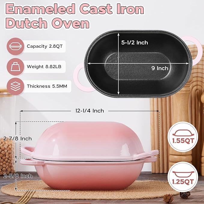 Onader Enameled Cast Iron Dutch Oven, 2.8QT Dutch Oven Pot with Lid for Sourdough Bread Baking, Oval Meatloaf Pan, Heavy Duty - Pink
