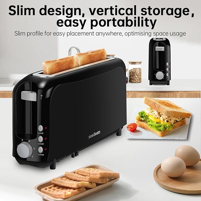 SEEDEEM 2 Slice Slim Toaster, Single 10" Long Slot Toaster Fits Bagels & Artisan Bread, 6 Shade Settings, Cancel/Reheat/Defrost, Removable Crumb Tray, Auto Shut-Off, Black