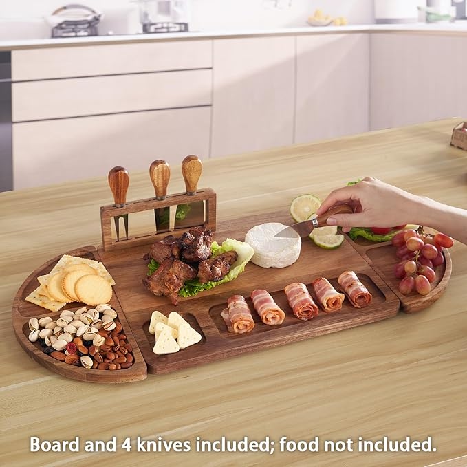 Large Acacia Wood Charcuterie Board Set, 25-inch 3-Piece Tray with 4 Knives & Magnetic Holder, Long Round Cheese & Appetizer Platter for Serving, Crackers, Snacks