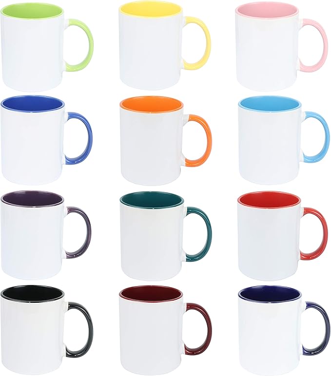 11oz White Ceramic Sublimation Coffee Mug With Solid Colors Inside and Handle, Mixed 12 Colors, Case of 12