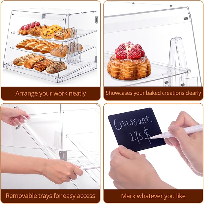 Bakery Display Case, Pastry Display Case Countertop 3 Tier Tray, Acrylic Clear Boxes for Bread Pastry Desserts Food Cookie, Display Cabinet Box for Baking Enthusiasts, 20.86 x 17.3 x 16.5 in