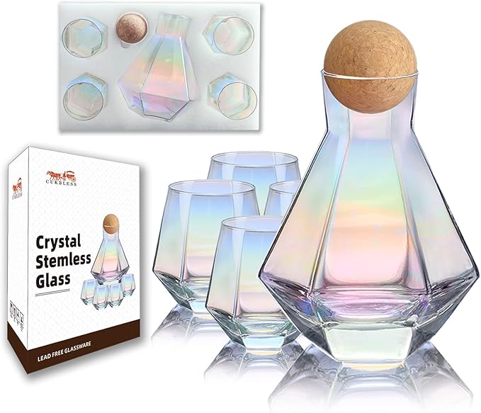 CUKBLESS Wine Decanter And Glasses Set of 4, Diamond Iridescent Wine Carafe With Cork Ball Stopper, Hand Blown Glass, for Wine Lovers