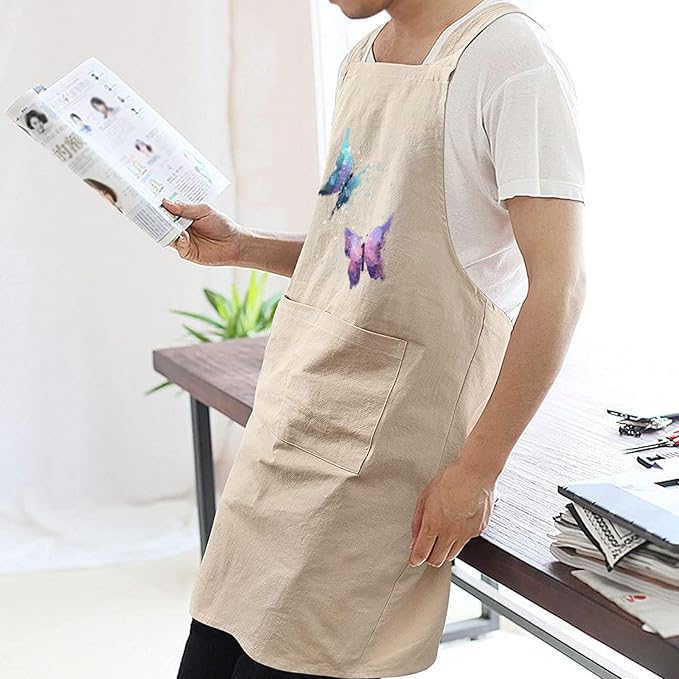 Cotton Linen Apron Non-tie Cross Back Kitchen Apron with Pockets Soft Comfortable Durable for Cooking Baking Gardening (Khaki,Butterfly)