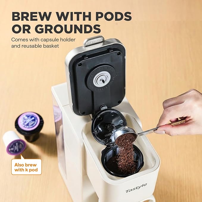 Single Serve Coffee Maker, Iced and Hot Coffee Machine for K Cup & Grounds, Compact Design, 40oz Removable Water Reservoir, 6 to 24 Oz Brew Sizes, Fits 7.3" Travel Mug, Beige