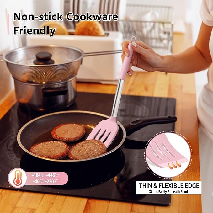E-far Cooking Utensils Set of 4, Silicone Kitchen Utensils for Non-stick Cookware, Heat Resistant & Non-toxic Slotted Spatula Solid Spoon Turner for Flipping Mixing Serving Basting(Pink)