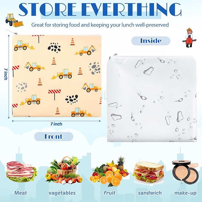 Chumia 6 Pcs Reusable Snack Bags Christmas Gifts Food Safety Washable Snack Bags Lunch with Zipper Portable Sandwich Bag Food Storage Pouch Double Layer(Truck,7 x 7 Inches)