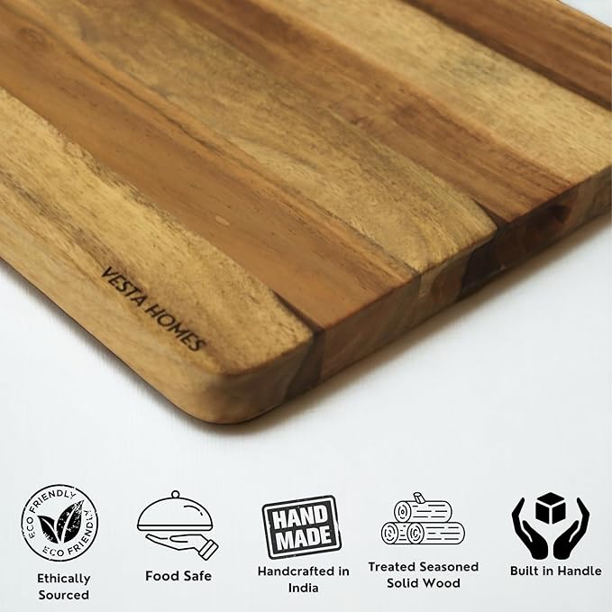 Vesta Homes Extra Large Wooden Cutting Board | 18 * 12 Inches | Chopping, Serving Board/Block for Vegetables, Fruits, Cheese and Charcuterie | Natural Acacia Wood | 1" Thick | Handcrafted in India