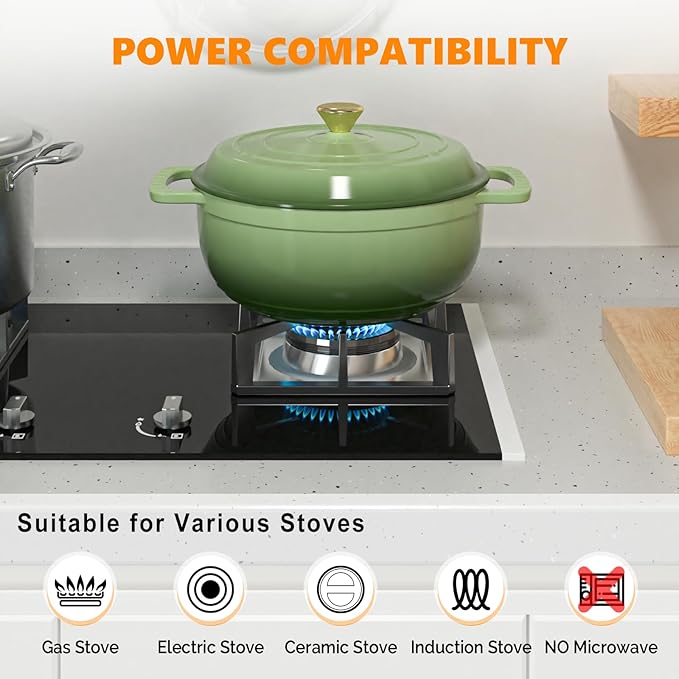 ROVSUN Enameled Cast Iron Round Dutch Oven, 6QT Pot with Lid &Dual Handles with Silicone Gloves,Oven Safe up to 500°F, Heavy-Duty Pre-Seasoned Cookware for Bread Baking, Braising, Stews, Roasting, Sage Green