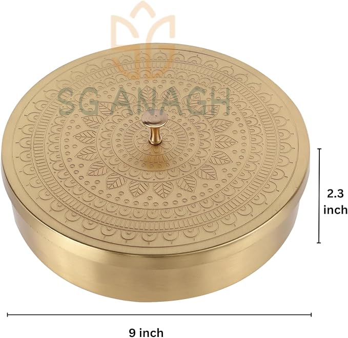 Brass Round Spice Box Masala Dabba-Spice Box Set With Spoon Container 90 ML Indian Masaladanni for Kitchen Counter With Spoon (Mandala, 9 Inch (Large Family))