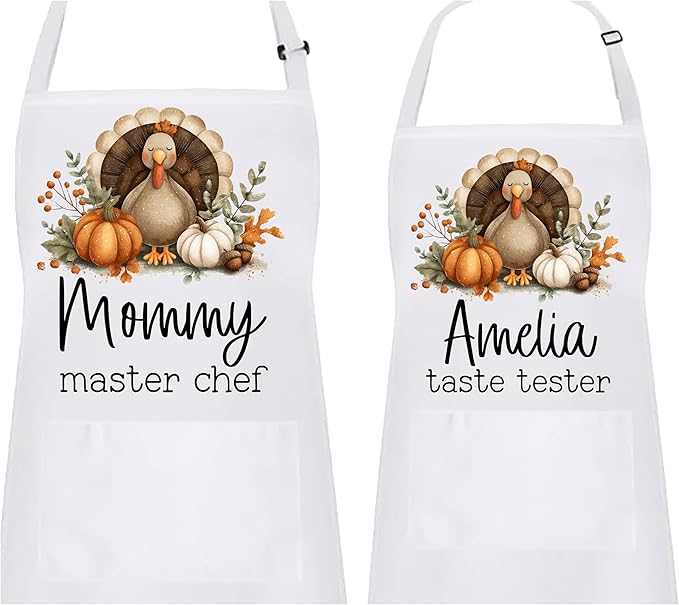 Personalized Thanksgiving Kitchen Apron Set, Family Matching Cooking Aprons, Holiday Cooking & Baking Gift