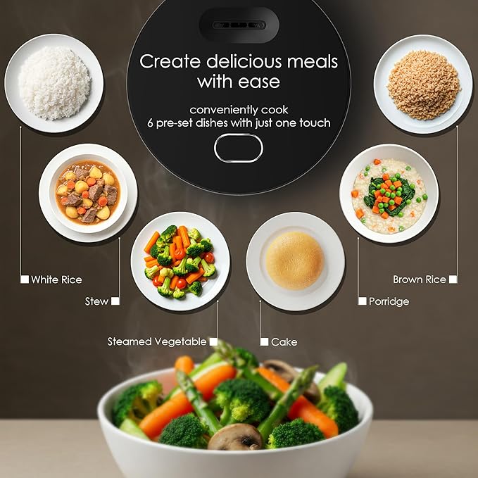MAGiC COM Mini Rice Cooker 4 Cup Uncooked (8 Cup Cooked), Small Digital Multi-Cooker with Steamer, 24H Delay Timer, Automatic Keep Warm, Non-Stick Pot, Perfect for Dorm, Travel, Single Serve (Black)