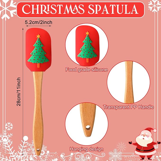 Menkxi 32 Pcs Christmas Silicone Spatulas, Xmas Cake Spatula with Wooden Handles - Santa Claus Snowman Gingerbread Designs for Cooking & Baking