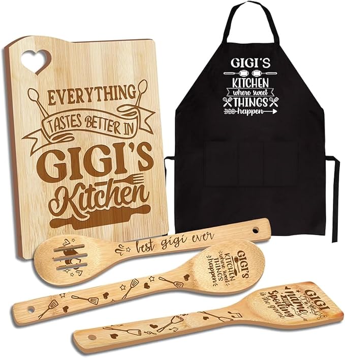 Gigi Gifts from Grandma, Christmas Kitchen Gifts for Gigi from Grandkids, Birthday Gift Wooden Cutting Board with Cooking Utensils Set with Apron Set, Great Gigi Mothers Day Gift