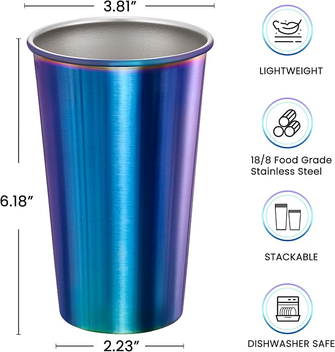MEWAY 8 Pack 24oz Stainless Steel Pint Cup,Healthy Unbreakable and Stackable,Metal Drinking Glasses，Beer Glasses（Rainbow）