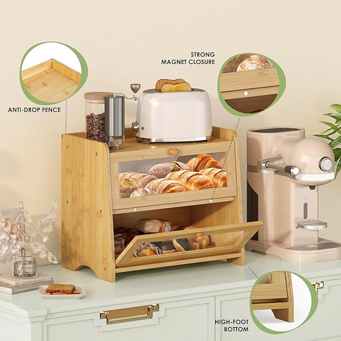 Double Layer Bread Box for Kitchen Countertop, Large Breadbox Bread Container Storage with Windows, Wooden Farmhouse Bread Holder (Natural Bamboo)